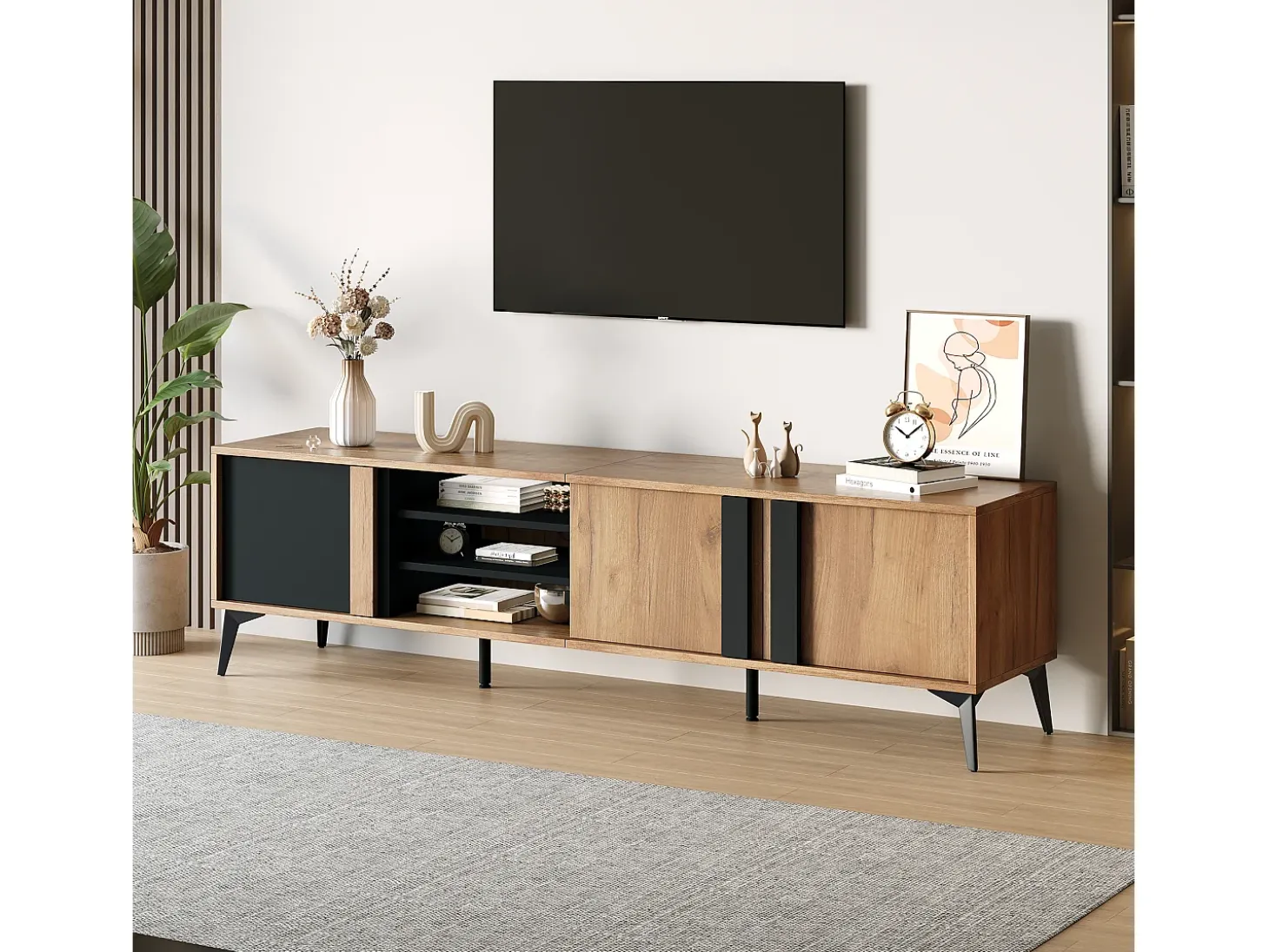Mueble de TV con 3 puertas y 3 nichos abiertos - 180 x 40 x 50 cm - Tablero de partículas - Marrón y negro