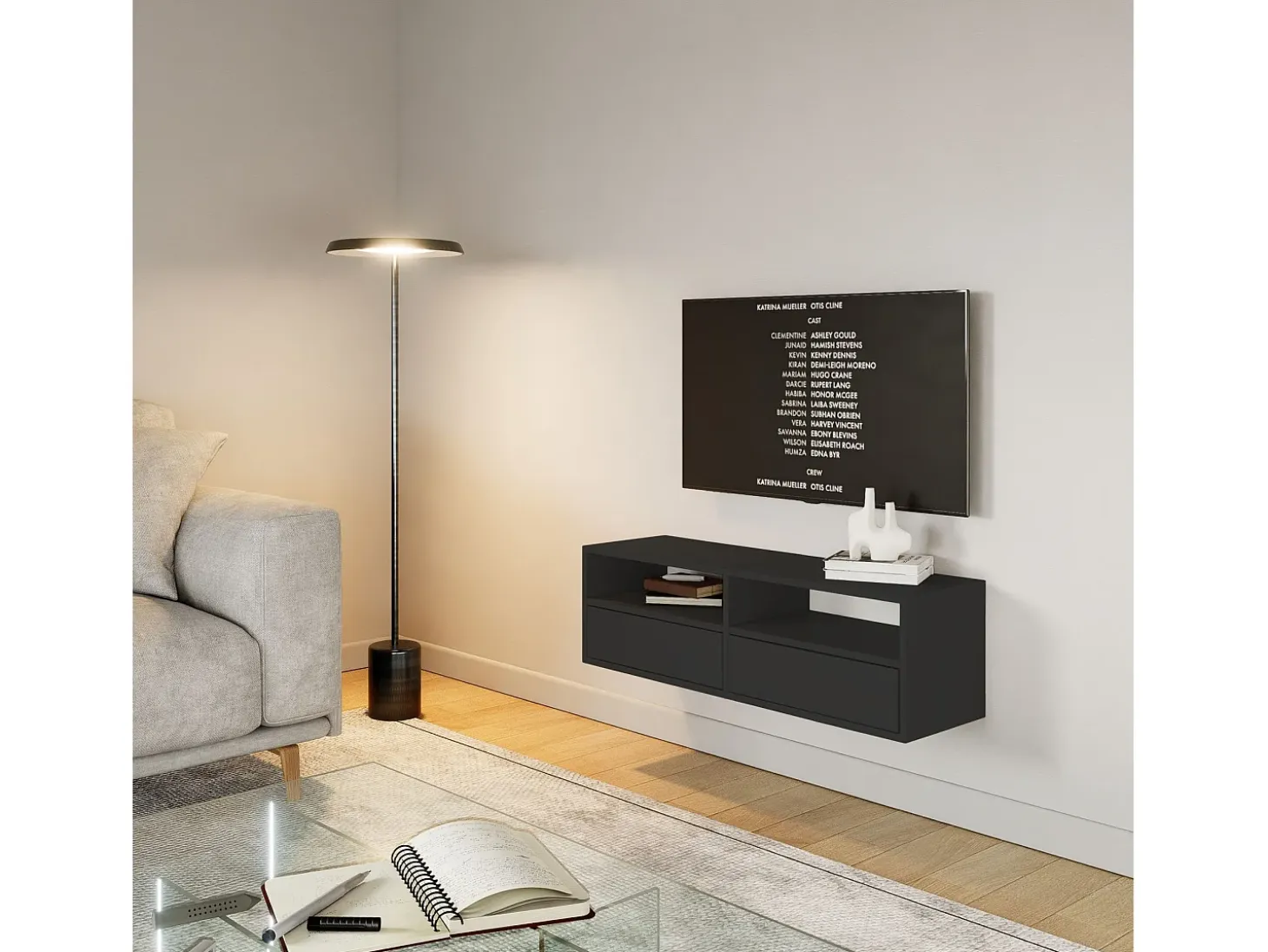Mueble de TV con 2 puertas y estantes – negro – 100 cm – FRAMME