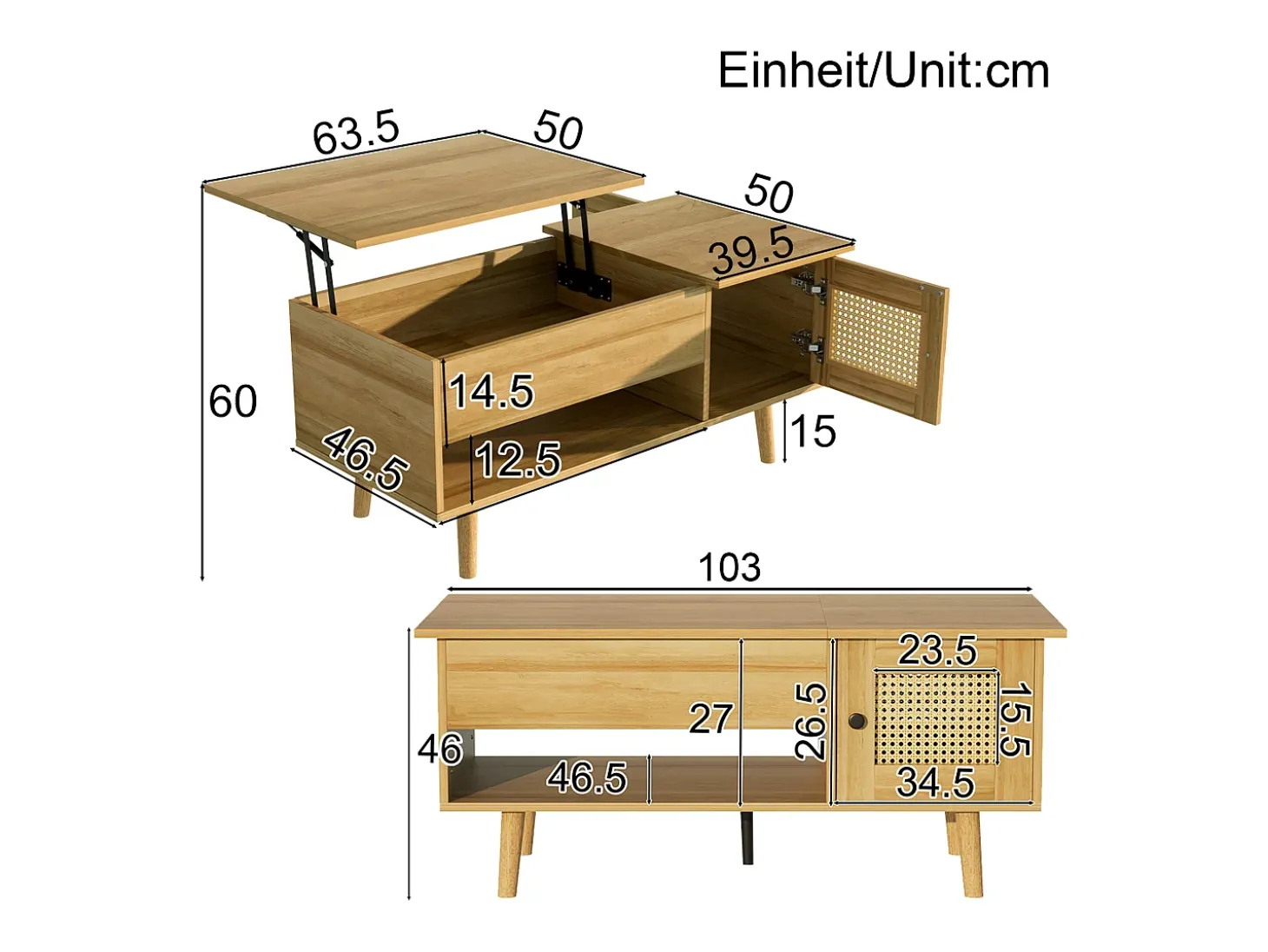 Mueble de TV con 3 puertas de madera y 1 puerta de cristal - 200 x 35 x 53 cm - LED - MDF y tablero de partículas - Natural + negro