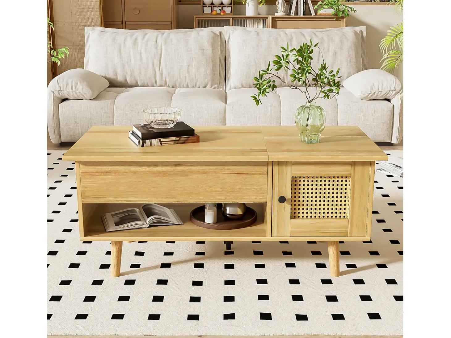 Mueble de TV con 3 puertas de madera y 1 puerta de cristal - 200 x 35 x 53 cm - LED - MDF y tablero de partículas - Natural + negro