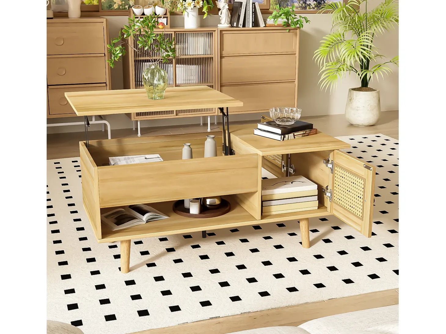 Mueble de TV con 3 puertas de madera y 1 puerta de cristal - 200 x 35 x 53 cm - LED - MDF y tablero de partículas - Natural + negro