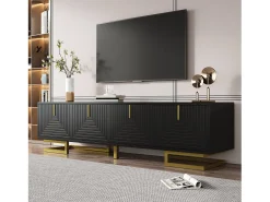 Mueble de TV con 4 puertas texturizadas - 160 x 38 x 44,5 cm - tiradores y patas dorados - aglomerado - negro