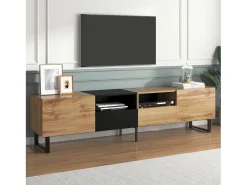 Mueble de TV con 2 puertas, 2 cajones y 2 nichos - aspecto madera - madera MDF y metal dorado - colores: roble y negro