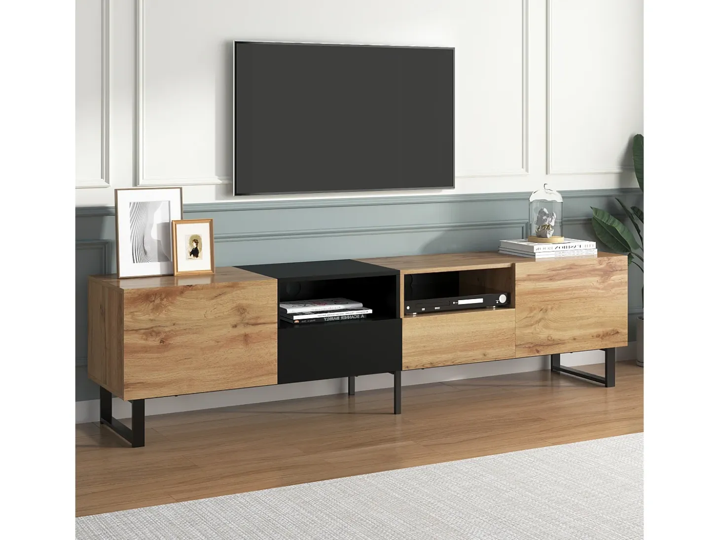 Mueble de TV con 2 puertas, 2 cajones y 2 nichos - aspecto madera - madera MDF y metal dorado - colores: roble y negro