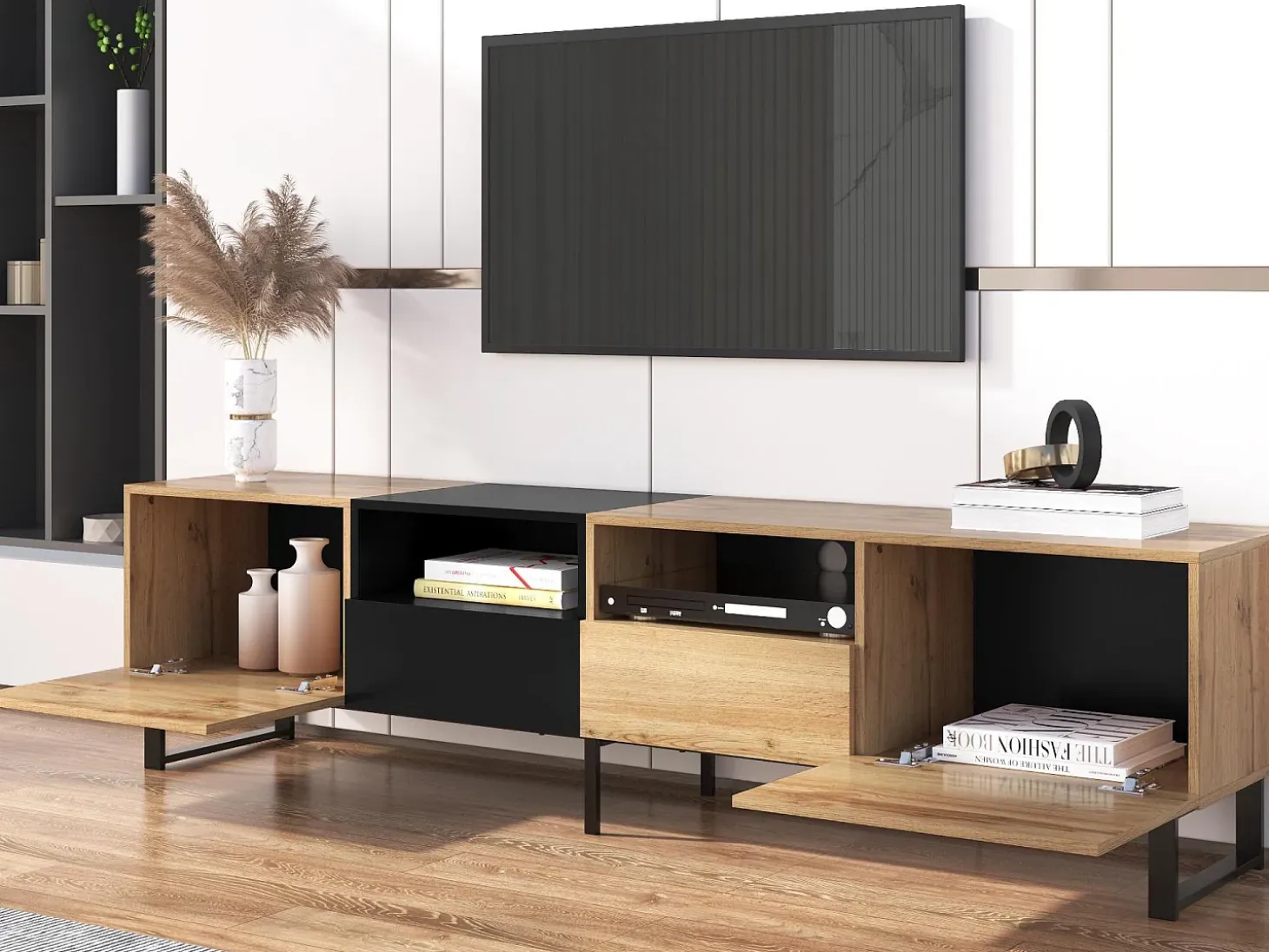 Mueble de TV con 2 puertas, 2 cajones y 2 nichos - aspecto madera - madera MDF y metal dorado - colores: roble y negro