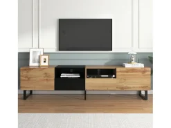 Mueble de TV con 2 puertas, 2 cajones y 2 nichos - aspecto madera - madera MDF y metal dorado - colores: roble y negro