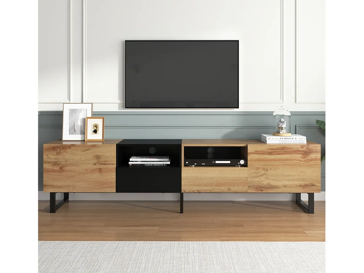 Mueble de TV con 2 puertas, 2 cajones y 2 nichos - aspecto madera - madera MDF y metal dorado - colores: roble y negro