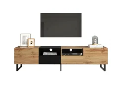Mueble de TV con 2 puertas, 2 cajones y 2 nichos - aspecto madera - madera MDF y metal dorado - colores: roble y negro