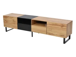 Mueble de TV con 2 puertas, 2 cajones y 2 nichos - aspecto madera - madera MDF y metal dorado - colores: roble y negro