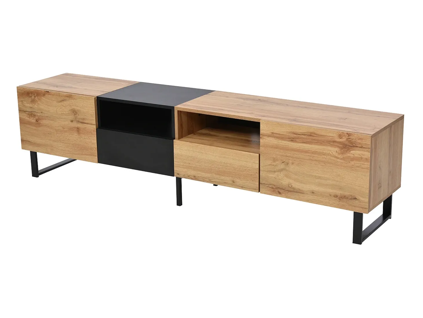 Mueble de TV con 2 puertas, 2 cajones y 2 nichos - aspecto madera - madera MDF y metal dorado - colores: roble y negro