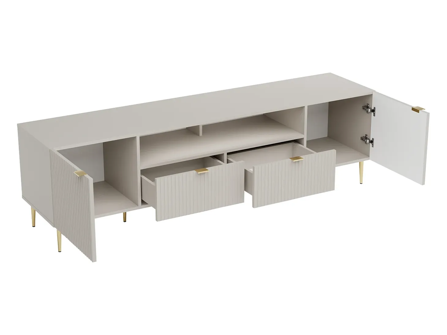 Mueble de TV con 2 puertas, 2 cajones y 2 nichos en MDF y acero - Beige y dorado - YESINIA