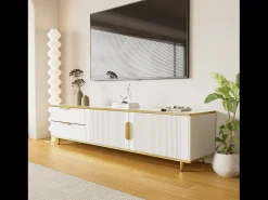 Mueble de TV con 2 puertas y 2 cajones - Tiradores y patas dorados - Blanco