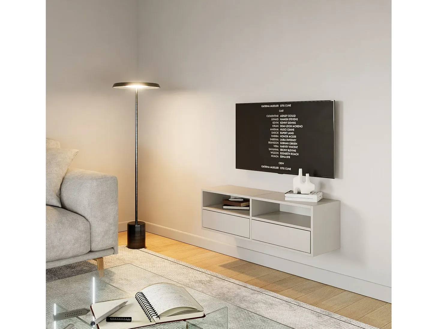Mueble de TV con 2 puertas y estantes – gris cachemira – 100 cm – FRAMME