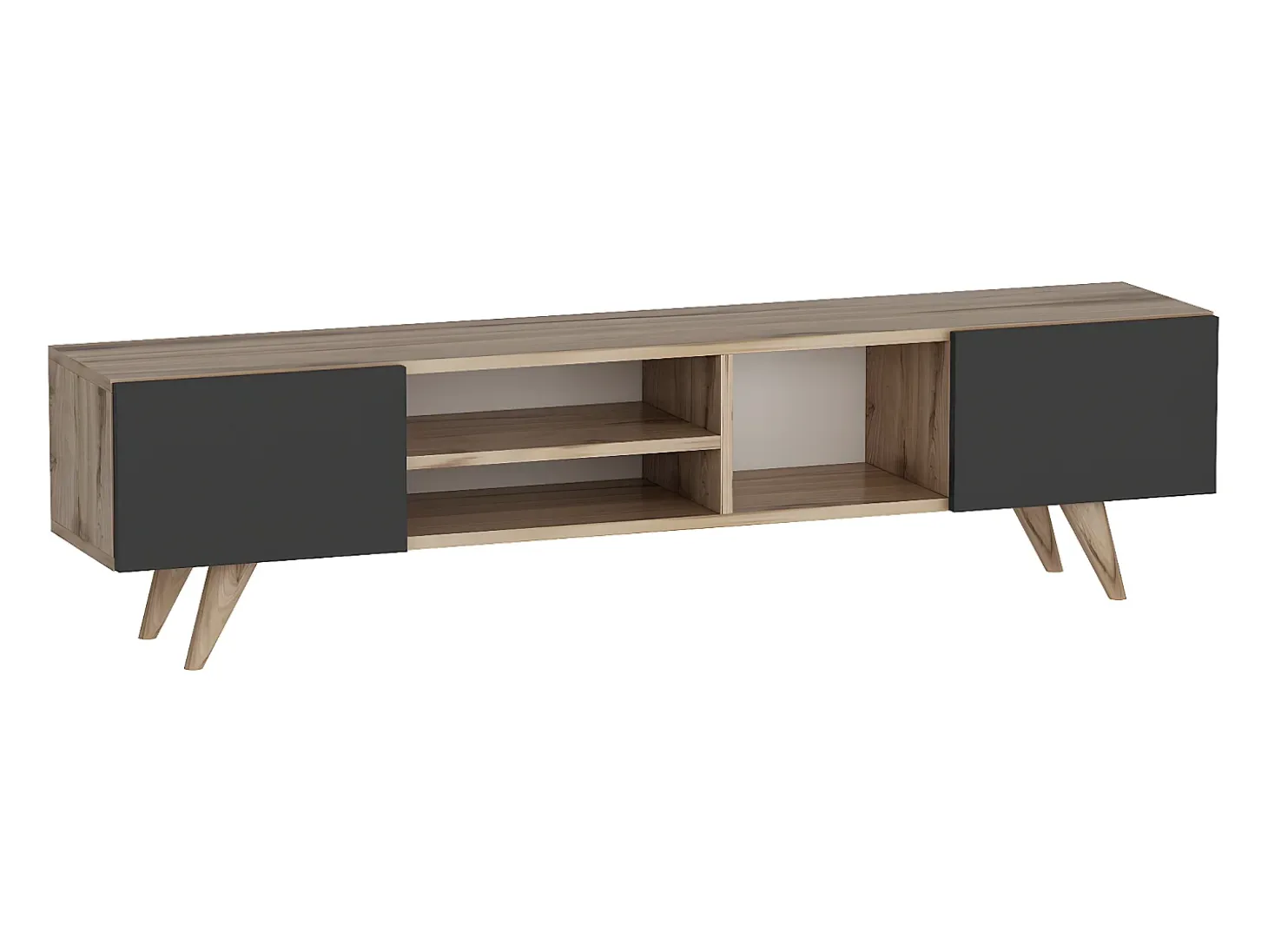 Mueble de TV con 2 puertas y 3 estantes - Negro y Natural - MOSTIA