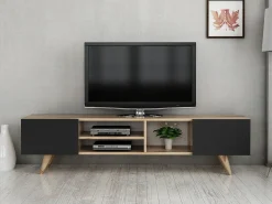Mueble de TV con 2 puertas y 3 estantes - Negro y Natural - MOSTIA
