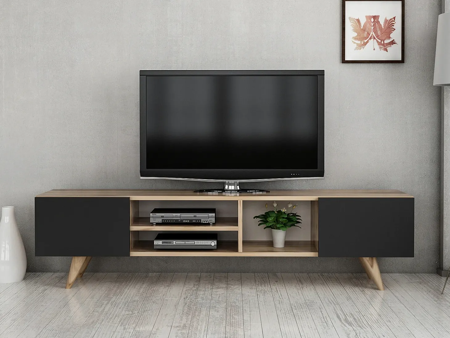 Mueble de TV con 2 puertas y 3 estantes - Negro y Natural - MOSTIA