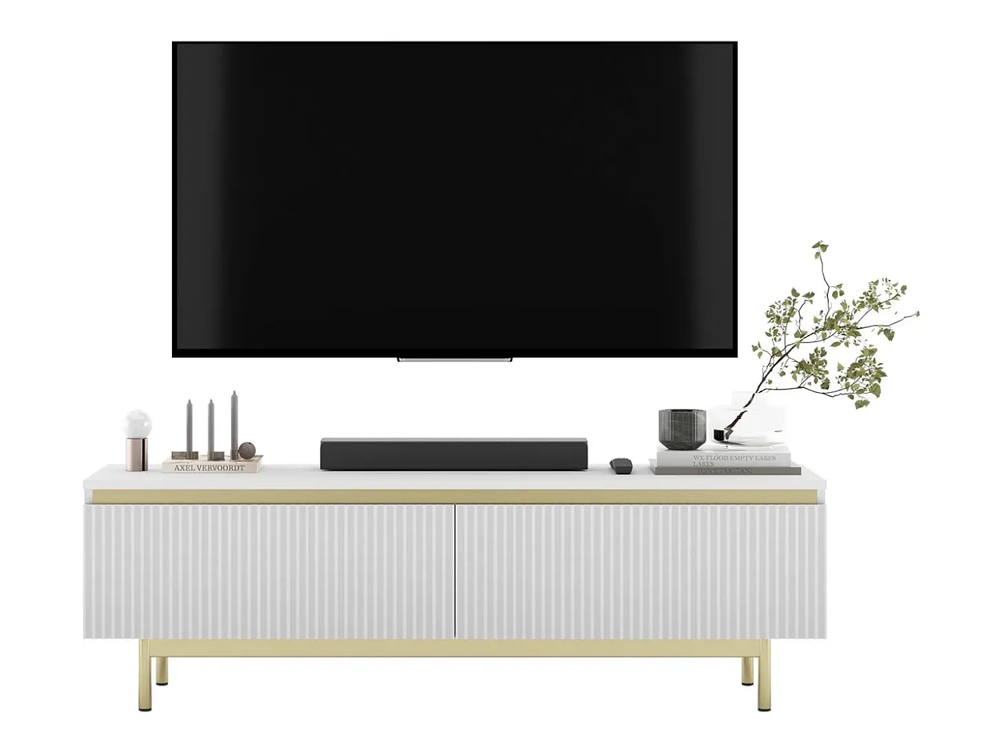 Mueble de TV con 2 puertas - Cuerpo Blanco mate, frentes ranurados Blanco mate - Estructura de metal dorado, 140 cm
