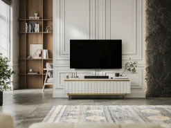 Mueble de TV con 2 puertas - Cuerpo Blanco mate, frentes ranurados Blanco mate - Estructura de metal dorado, 140 cm
