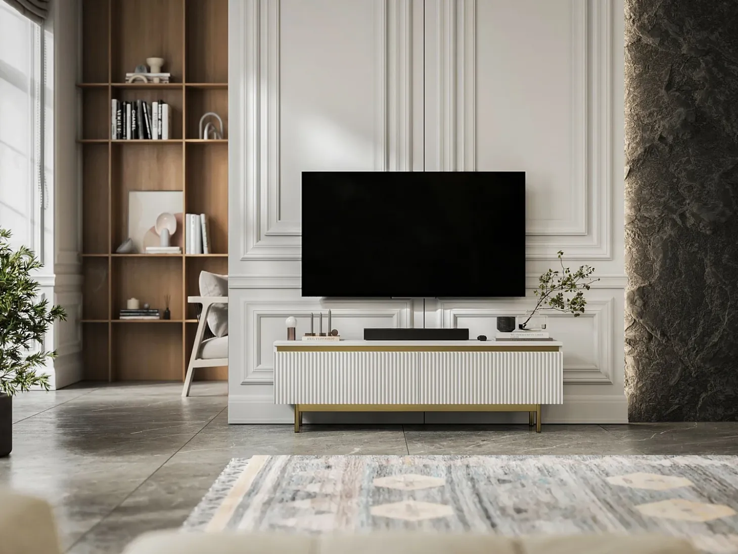 Mueble de TV con 2 puertas - Cuerpo Blanco mate, frentes ranurados Blanco mate - Estructura de metal dorado, 140 cm