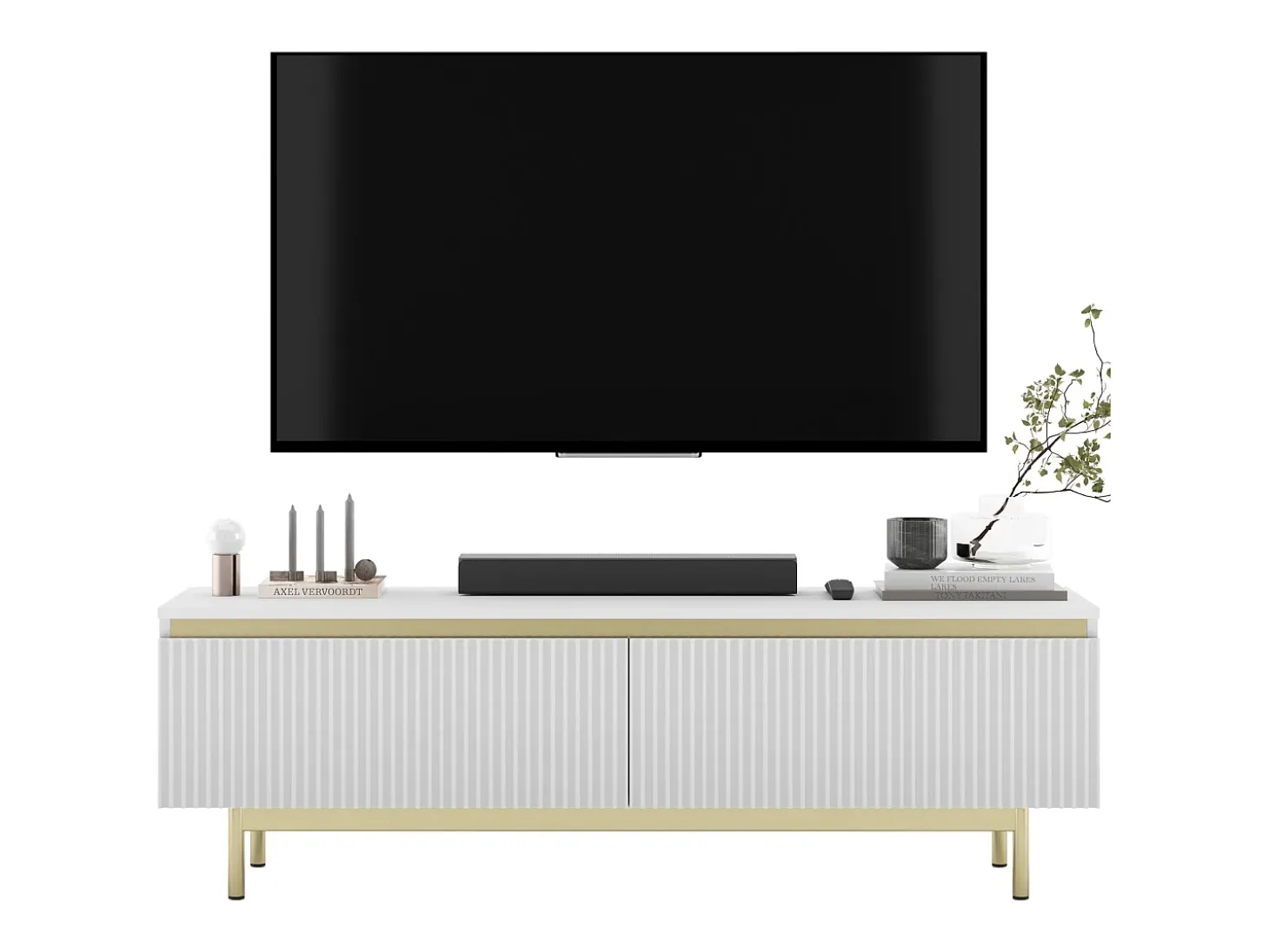 Mueble de TV con 2 puertas - Cuerpo Blanco mate, frentes ranurados Blanco mate - Estructura de metal dorado, 140 cm