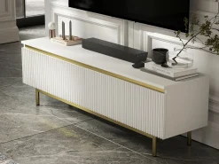 Mueble de TV con 2 puertas - Cuerpo Blanco mate, frentes ranurados Blanco mate - Estructura de metal dorado, 140 cm