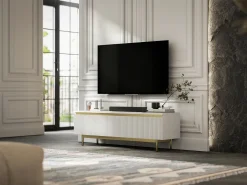 Mueble de TV con 2 puertas - Cuerpo Blanco mate, frentes ranurados Blanco mate - Estructura de metal dorado, 140 cm