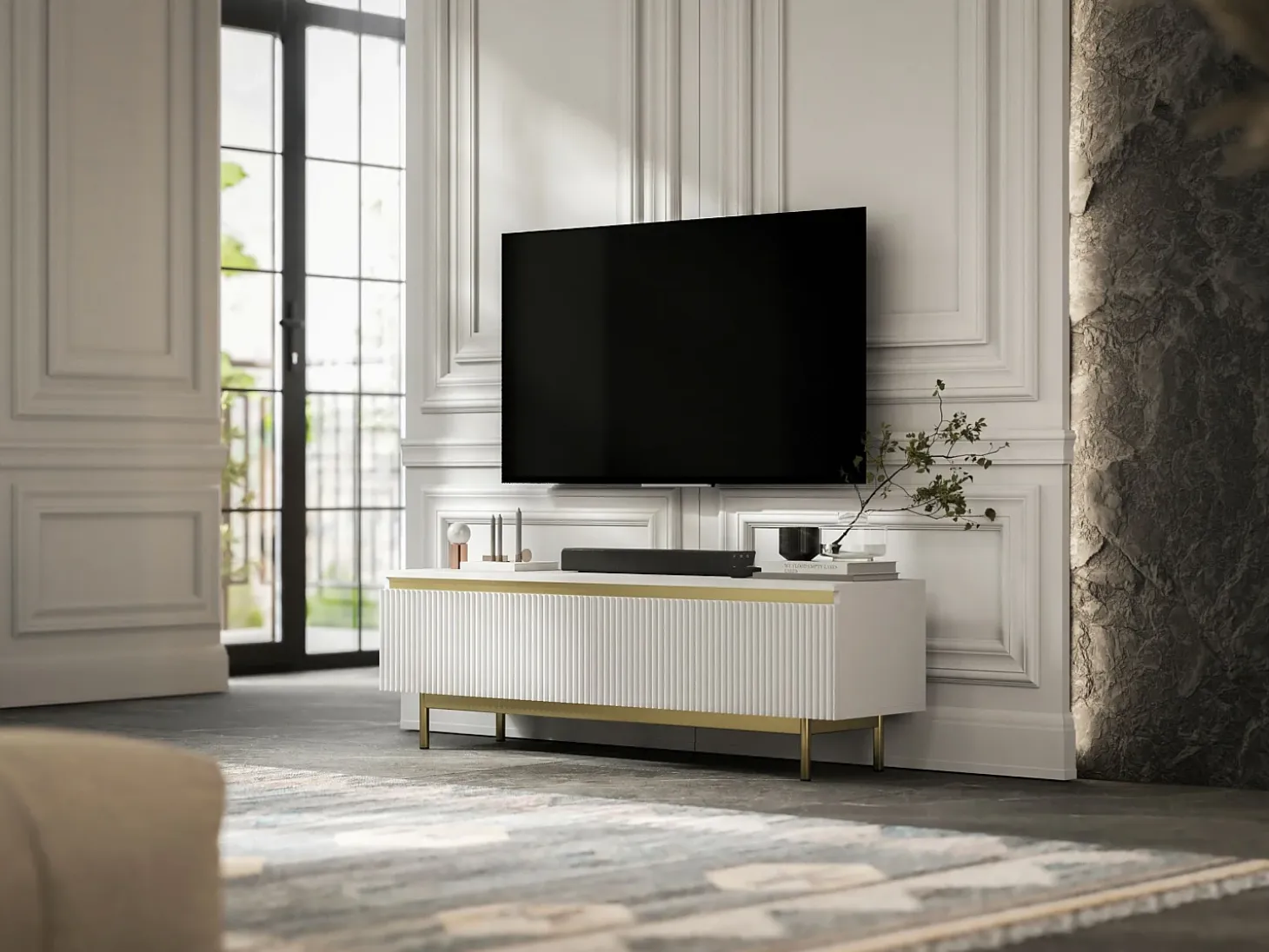 Mueble de TV con 2 puertas - Cuerpo Blanco mate, frentes ranurados Blanco mate - Estructura de metal dorado, 140 cm