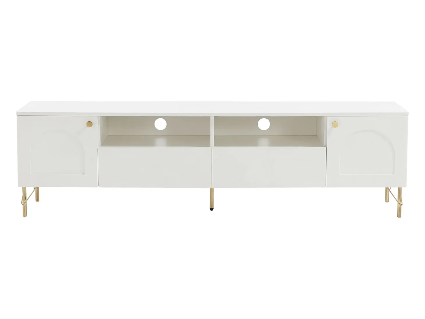 Mueble de TV con 2 puertas, 2 cajones y 2 huecos - Blanco y dorado - ALOBARA