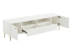 Mueble de TV con 2 puertas, 2 cajones y 2 huecos - Blanco y dorado - ALOBARA