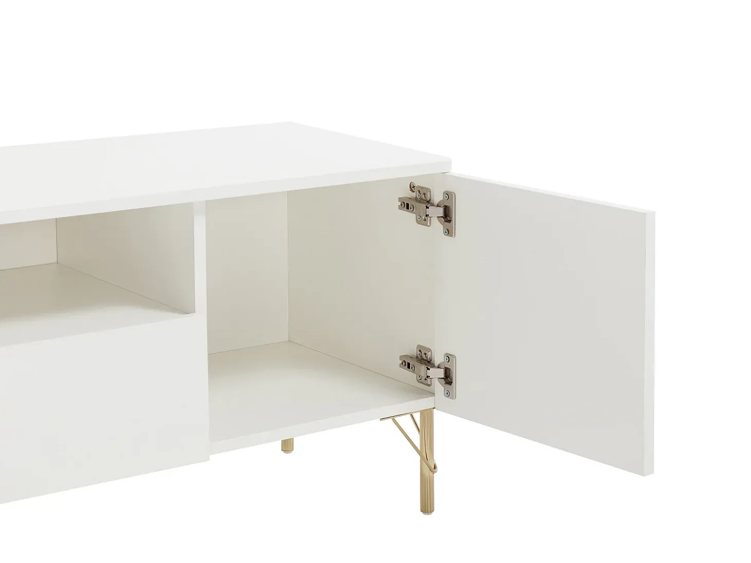 Mueble de TV con 2 puertas, 2 cajones y 2 huecos - Blanco y dorado - ALOBARA