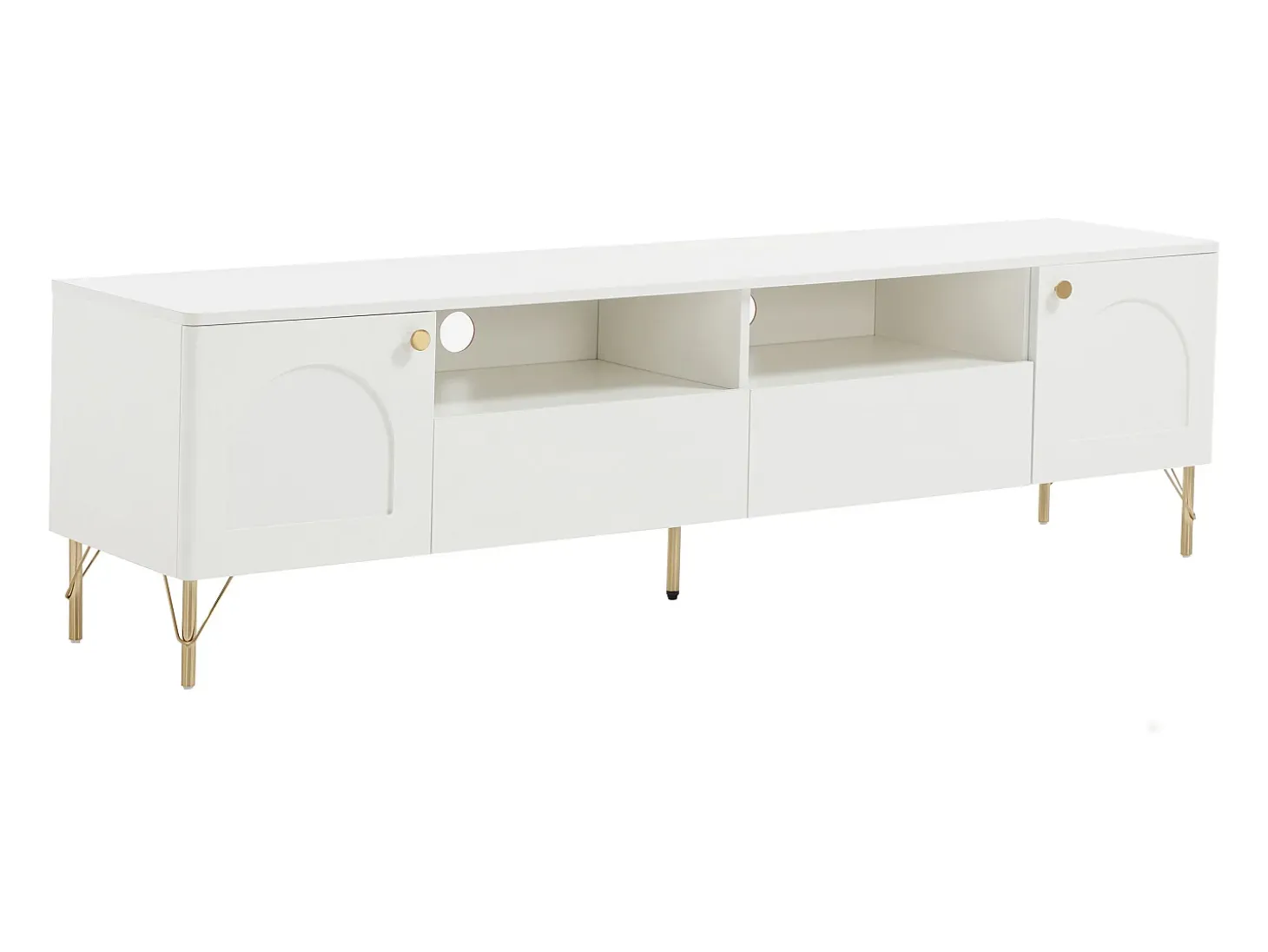 Mueble de TV con 2 puertas, 2 cajones y 2 huecos - Blanco y dorado - ALOBARA
