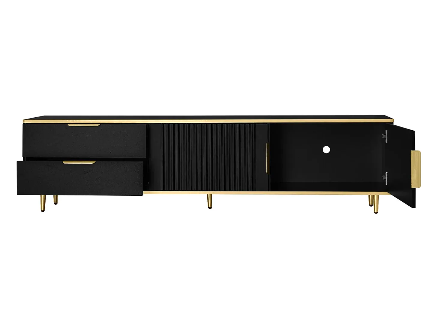 Mueble de TV con 2 puertas y 2 cajones - Tiradores y patas dorados - Negro