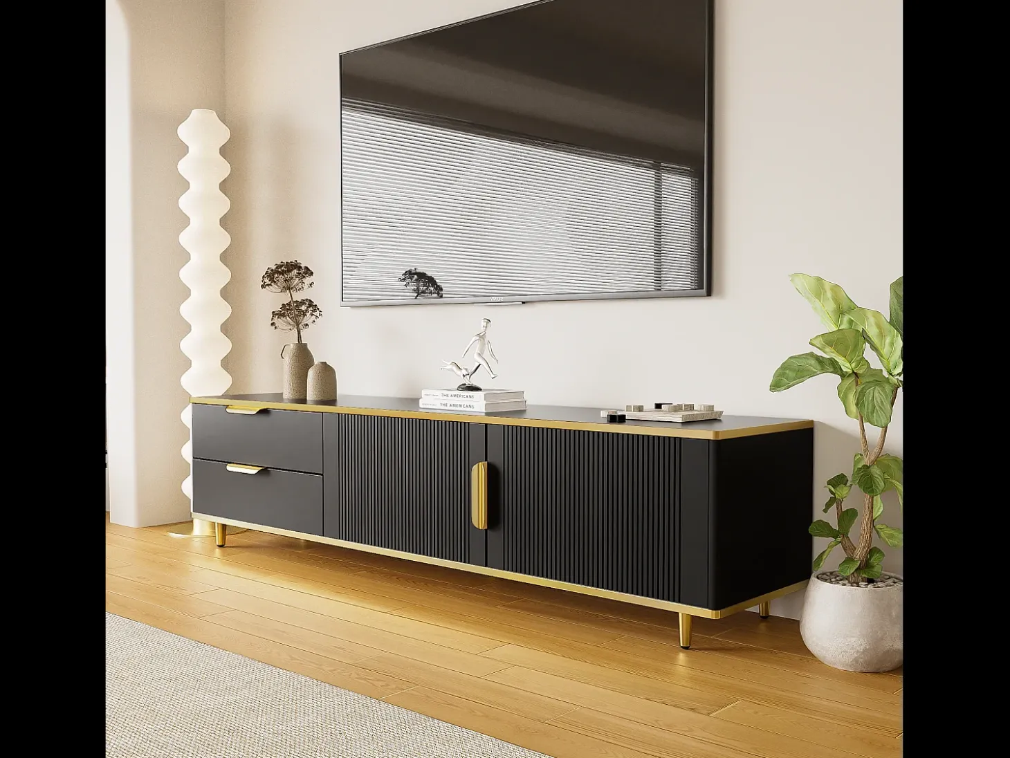 Mueble de TV con 2 puertas y 2 cajones - Tiradores y patas dorados - Negro