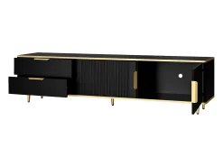 Mueble de TV con 2 puertas y 2 cajones - Tiradores y patas dorados - Negro