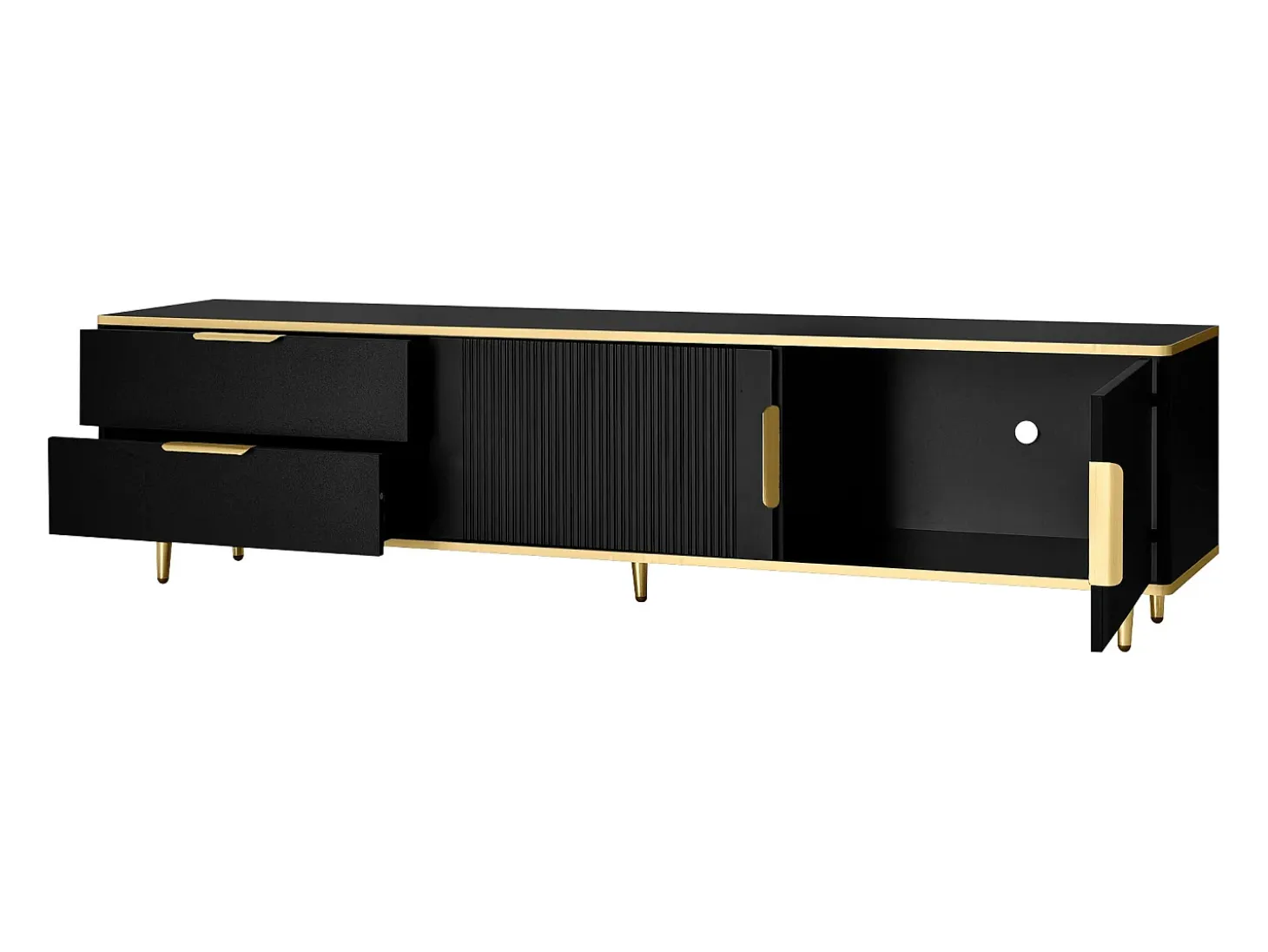 Mueble de TV con 2 puertas y 2 cajones - Tiradores y patas dorados - Negro