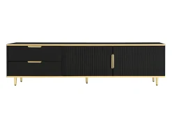 Mueble de TV con 2 puertas y 2 cajones - Tiradores y patas dorados - Negro