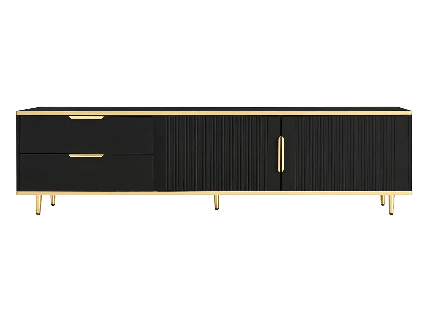 Mueble de TV con 2 puertas y 2 cajones - Tiradores y patas dorados - Negro
