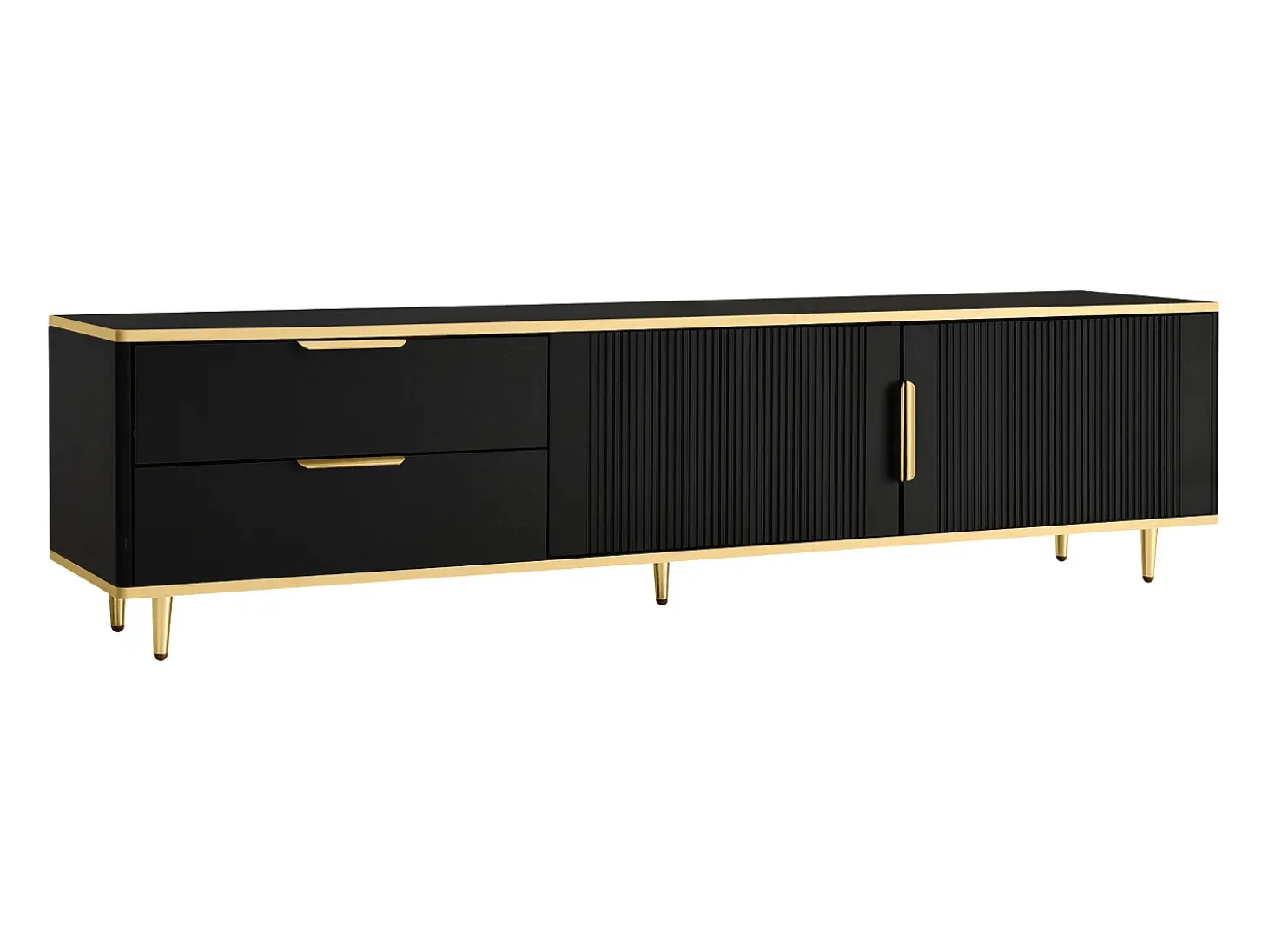 Mueble de TV con 2 puertas y 2 cajones - Tiradores y patas dorados - Negro