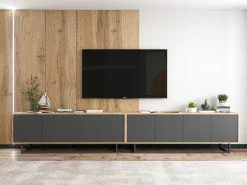 Mueble de TV con 4 puertas - cuerpo roble wotan, frentes grafito mate - 150 cm, estructura metálica