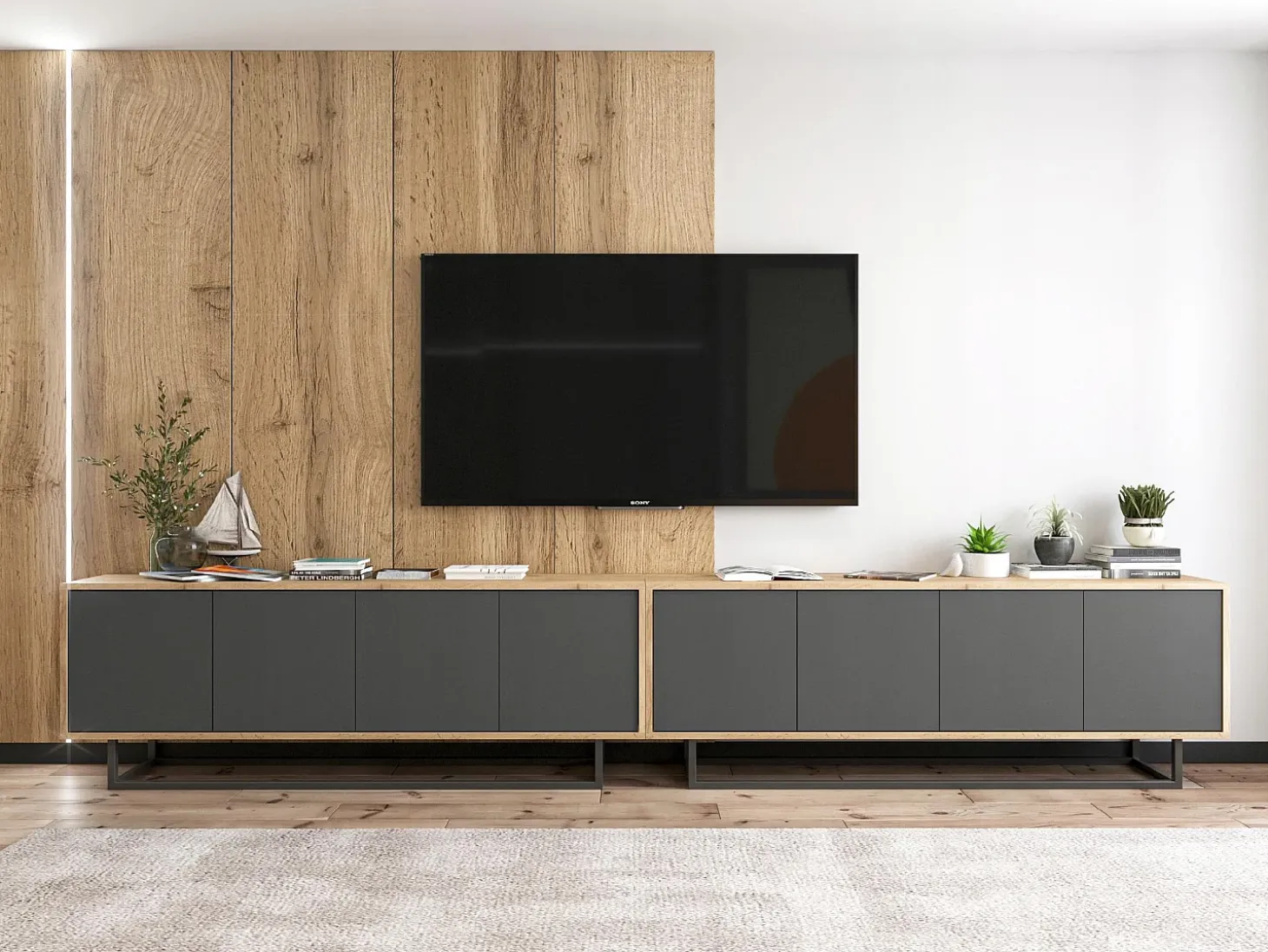 Mueble de TV con 4 puertas - cuerpo roble wotan, frentes grafito mate - 150 cm, estructura metálica