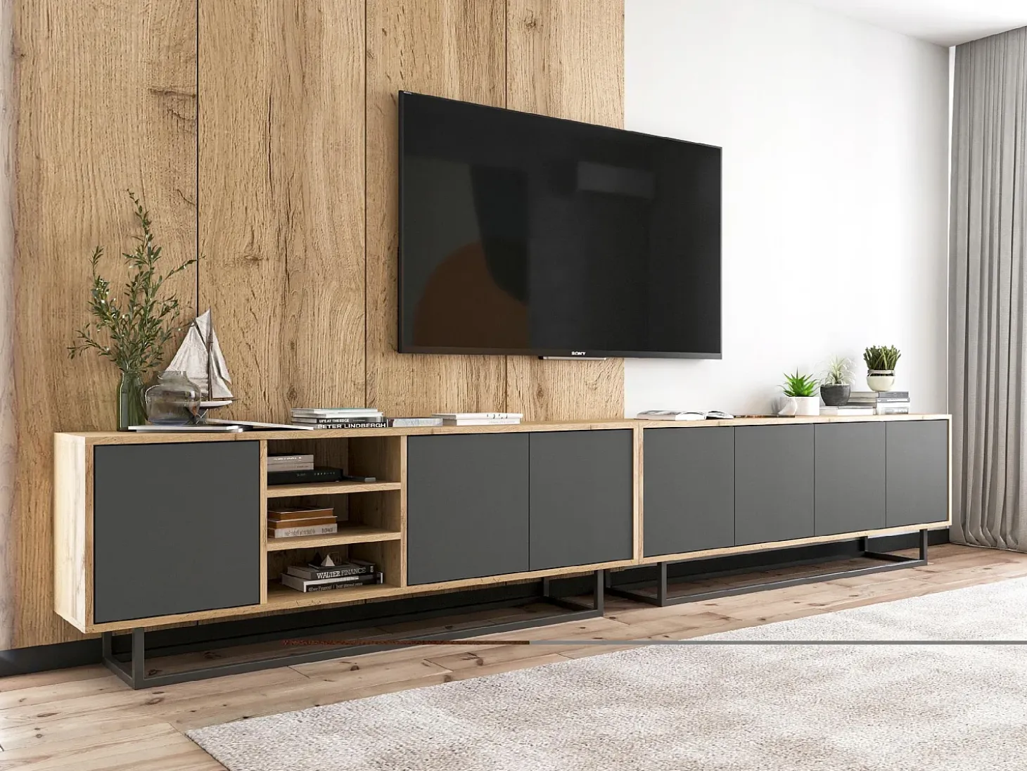 Mueble de TV con 4 puertas - cuerpo roble wotan, frentes grafito mate - 150 cm, estructura metálica