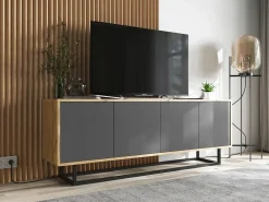 Mueble de TV con 4 puertas - cuerpo roble wotan, frentes grafito mate - 150 cm, estructura metálica