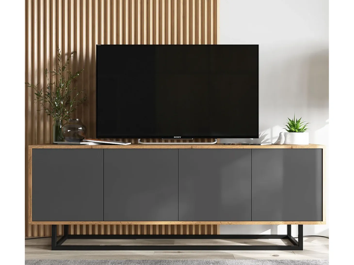 Mueble de TV con 4 puertas - cuerpo roble wotan, frentes grafito mate - 150 cm, estructura metálica