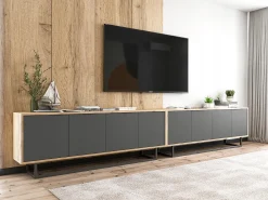 Mueble de TV con 4 puertas - cuerpo roble wotan, frentes grafito mate - 150 cm, estructura metálica