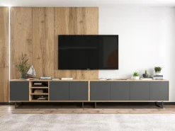 Mueble de TV con 4 puertas - cuerpo roble wotan, frentes grafito mate - 150 cm, estructura metálica