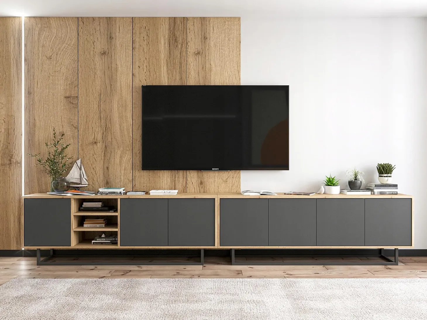 Mueble de TV con 4 puertas - cuerpo roble wotan, frentes grafito mate - 150 cm, estructura metálica