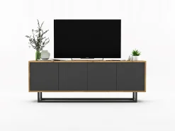 Mueble de TV con 4 puertas - cuerpo roble wotan, frentes grafito mate - 150 cm, estructura metálica