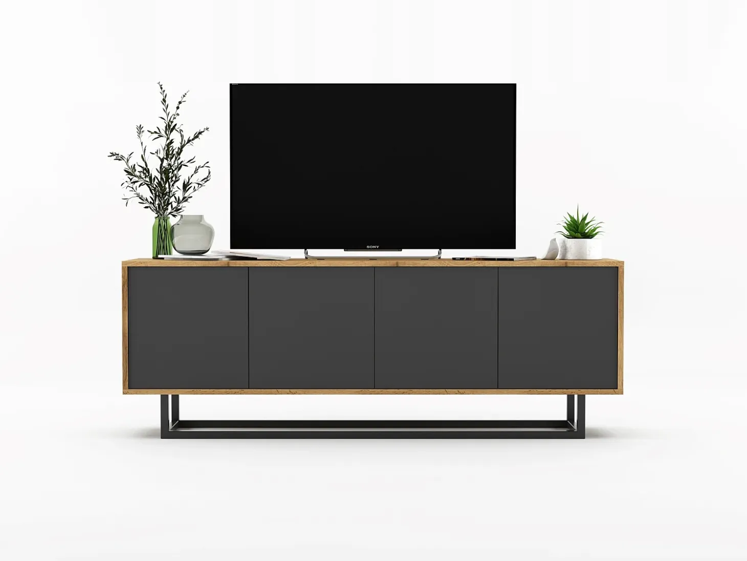 Mueble de TV con 4 puertas - cuerpo roble wotan, frentes grafito mate - 150 cm, estructura metálica