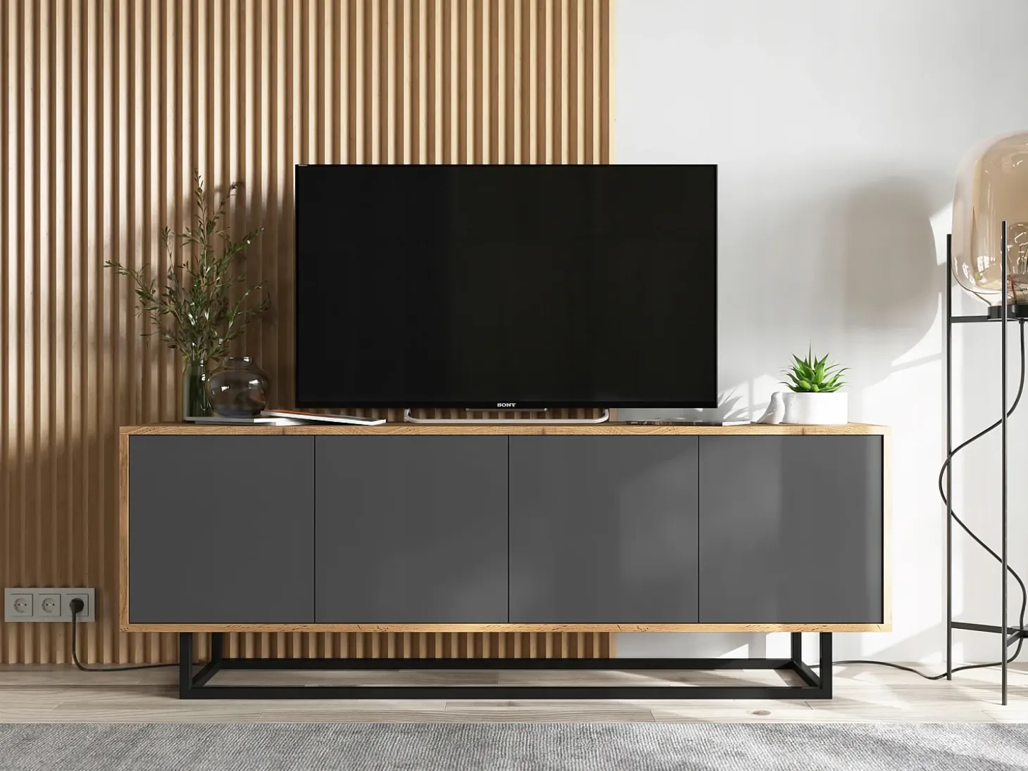 Mueble de TV con 4 puertas - cuerpo roble wotan, frentes grafito mate - 150 cm, estructura metálica