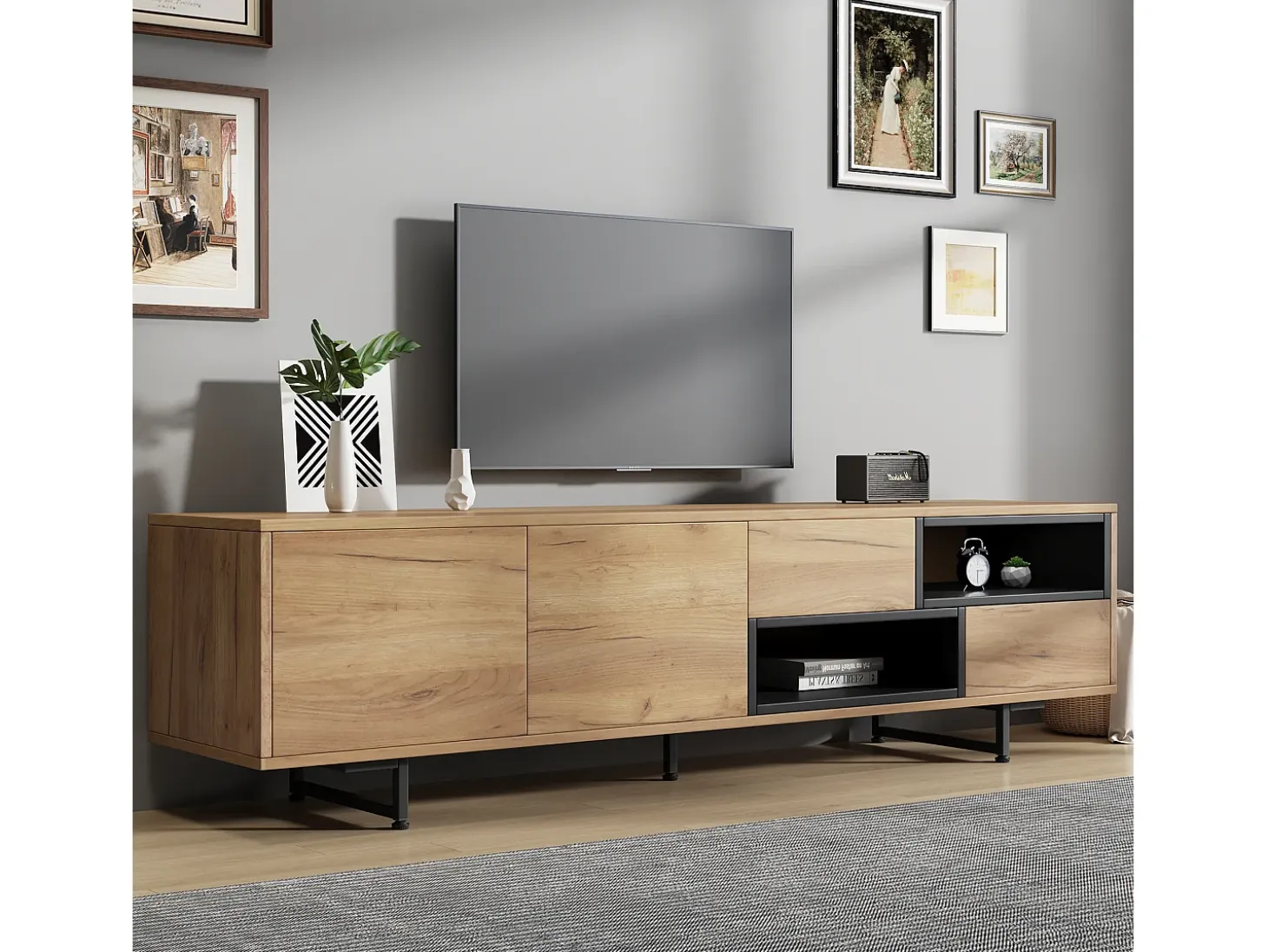 Mueble de TV con 2 puertas y 2 cajones - 173 x 38 x 48 cm - Tablero de partículas - para comedor - Color madera